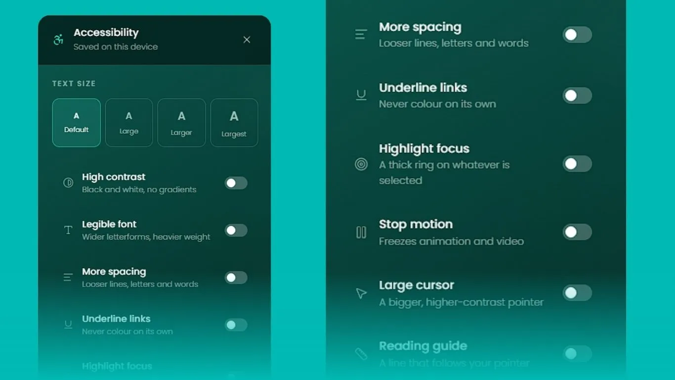 The accessibility panel open on a site, with text size, contrast and motion controls