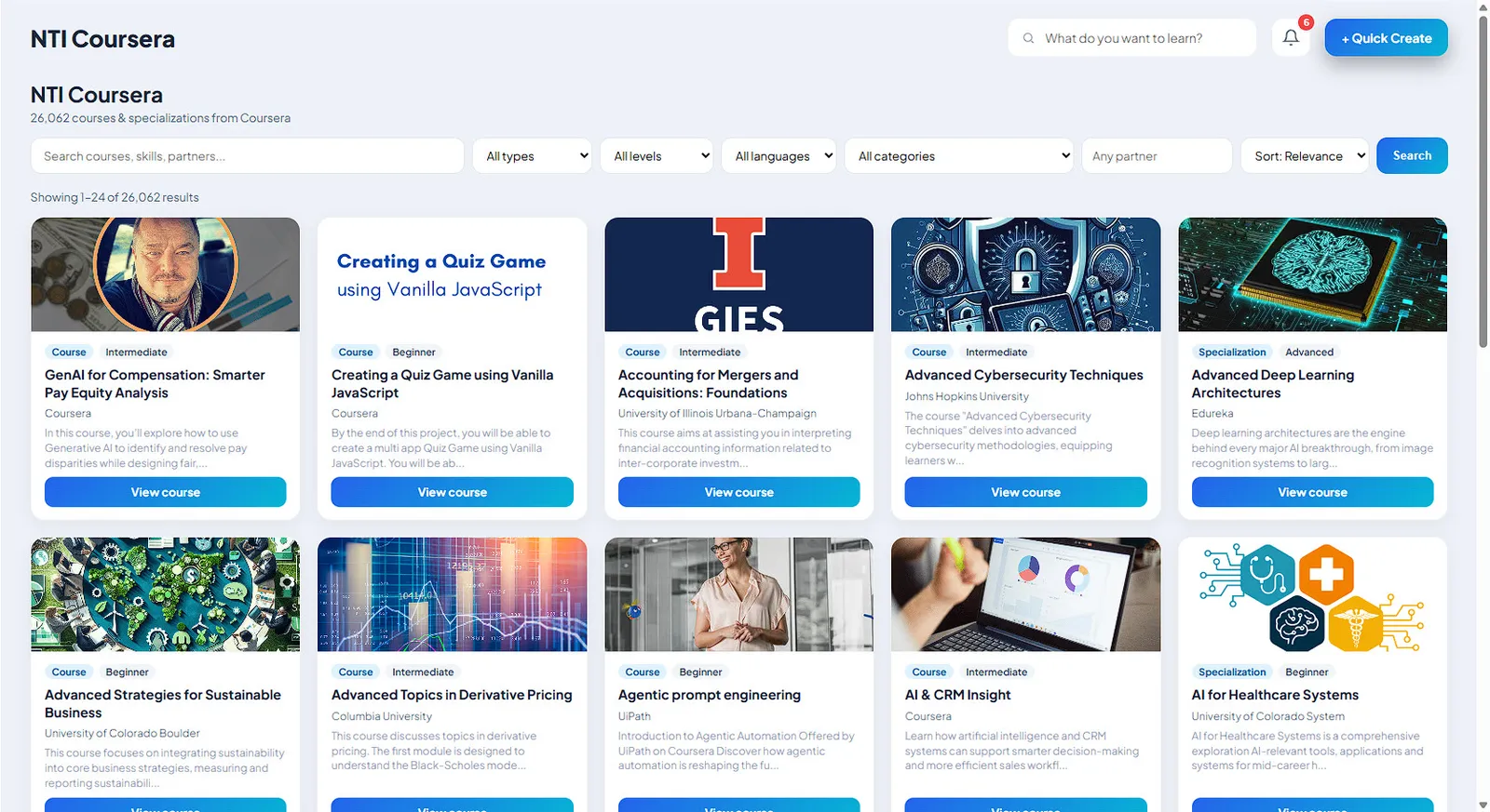 The NTI course catalogue, with Coursera courses and specialisations