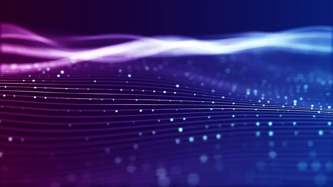 A flowing wave of light points in purple and blue