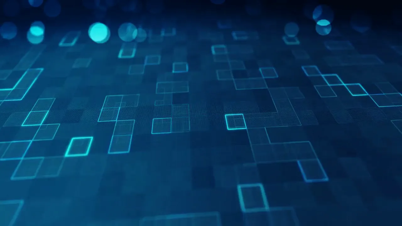 Glowing teal squares on a dark digital grid