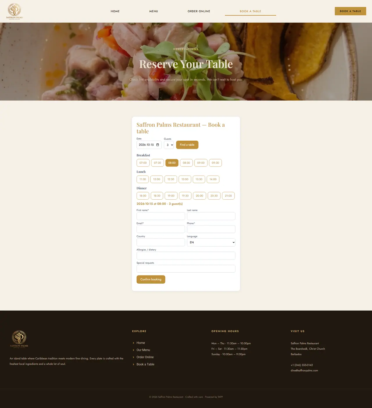 Booking a table at Saffron Palms